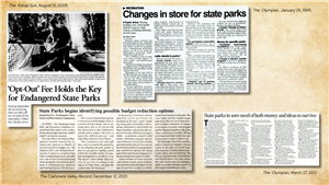 Four newspaper clippings about the state parks having financial problems and needing to come up with new ideas for generating revenue. 
